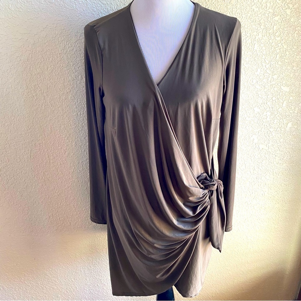 Boohoo Night Party Dress Side Tie Ruched Gathered Deep Plunge Army Green: 10